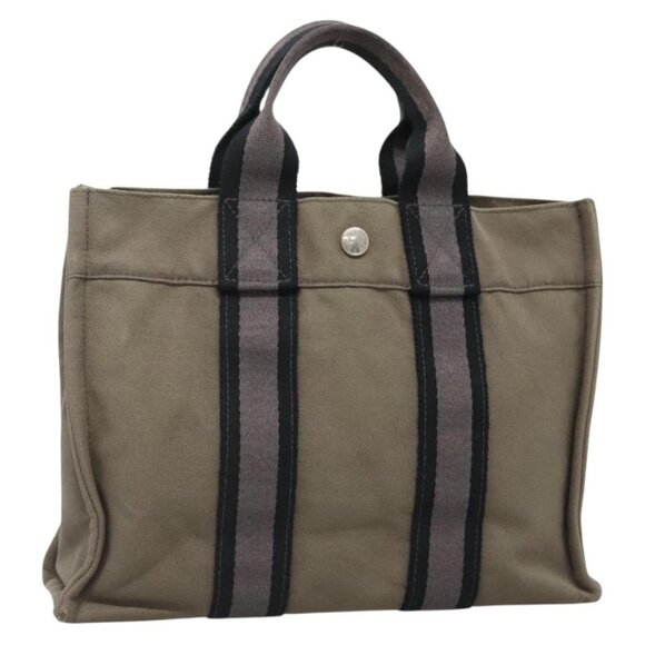 HERMES Fourre Tout PM Hand Bag Canvas Gray Navy Auth 136396 - Picture 1 of 16